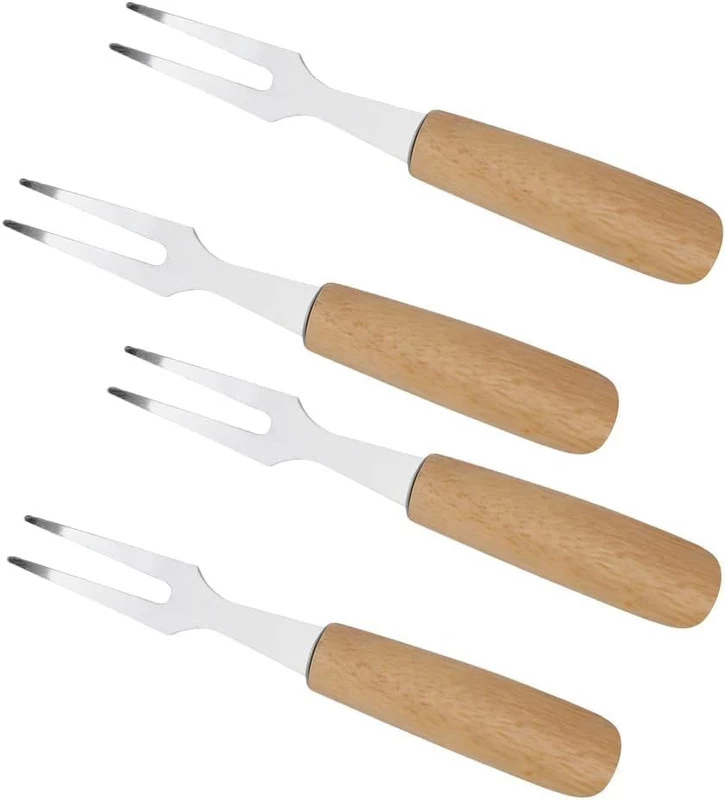 طقم شوك الجبن ستانلس ستيل بيد خشب، 6 قطع - فضى و بيج